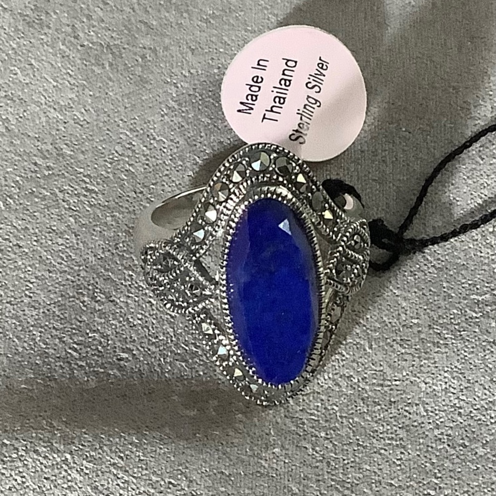 NEW MARC JEWELRY Blue Made In Thailand Sterling Silver Lapis Marcasite Ring